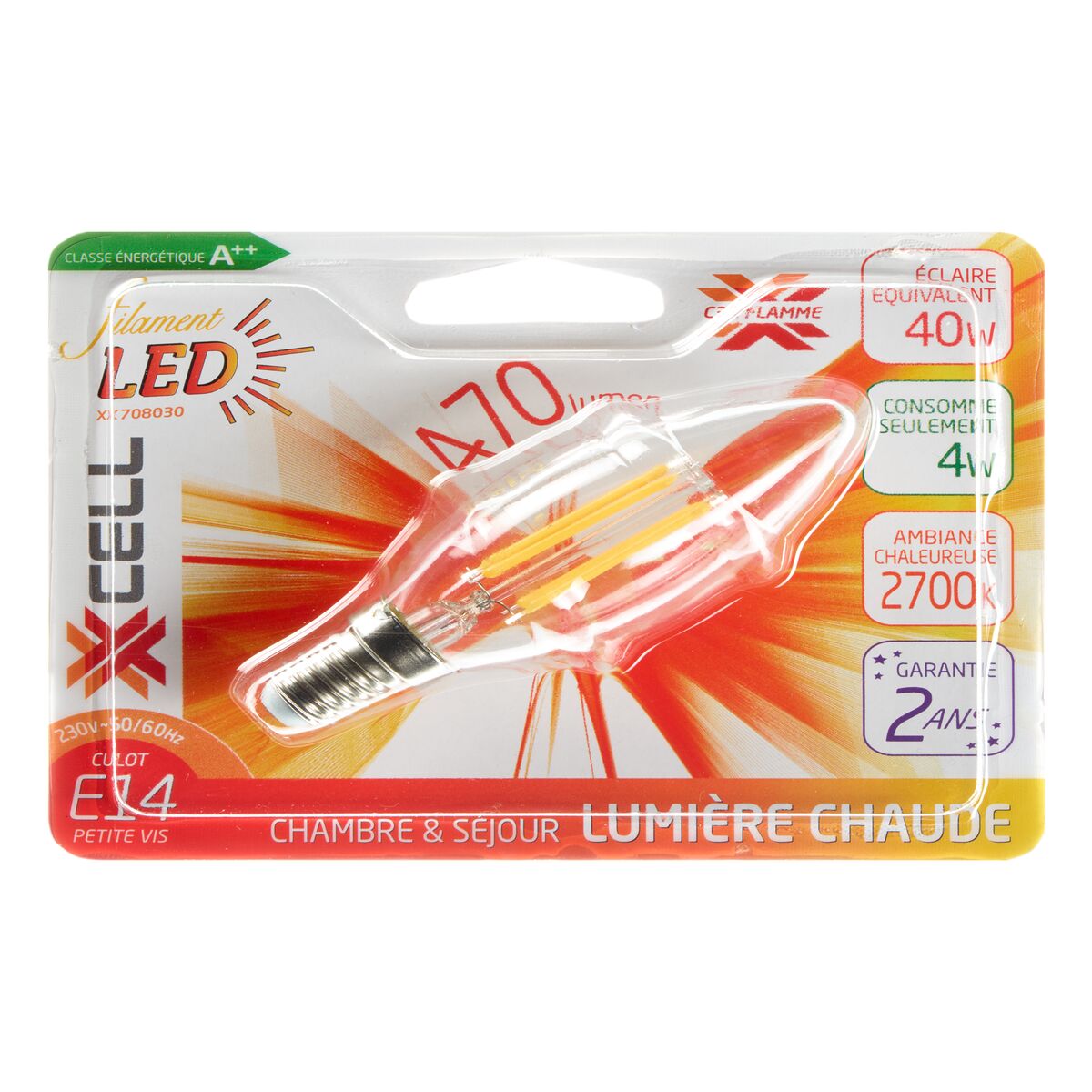 Ampoule LED FLAMME 40W E14 35 mm lumière chaude jaune 10,5 x 3,5 cm